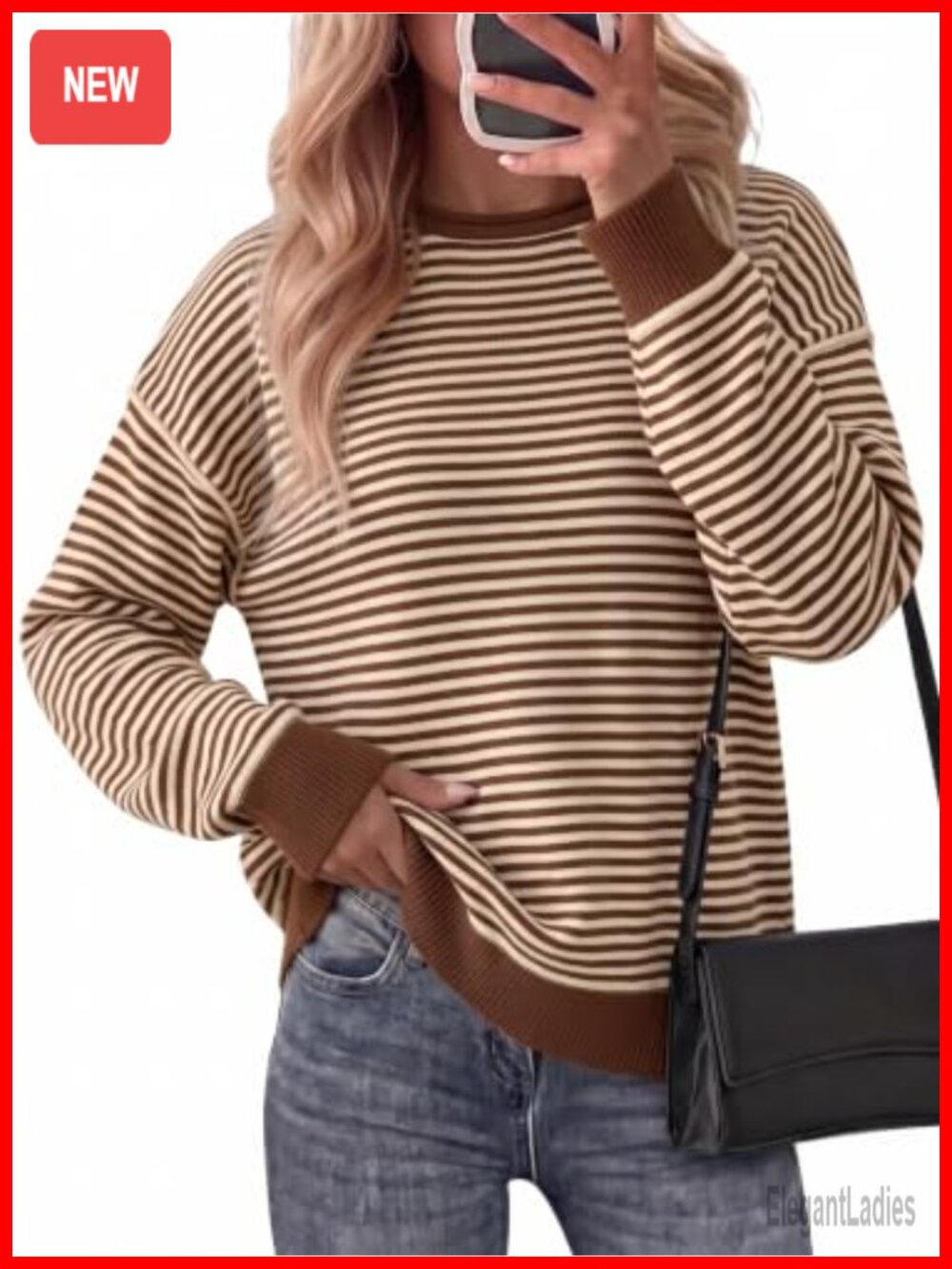 Oversized Striped Pullover Sweater Soft Knit Crew Neck Drop Shoulder